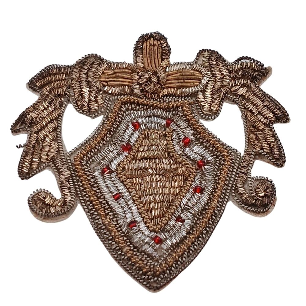 Vintage Gold Bullion Red Floss Metallic Shield Crown Coat of Arms Cres Patch